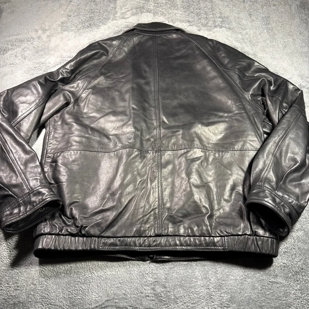 Claiborne Mens Black Genuine Leather‎ Bomber Jacket Quilted Lining Large L